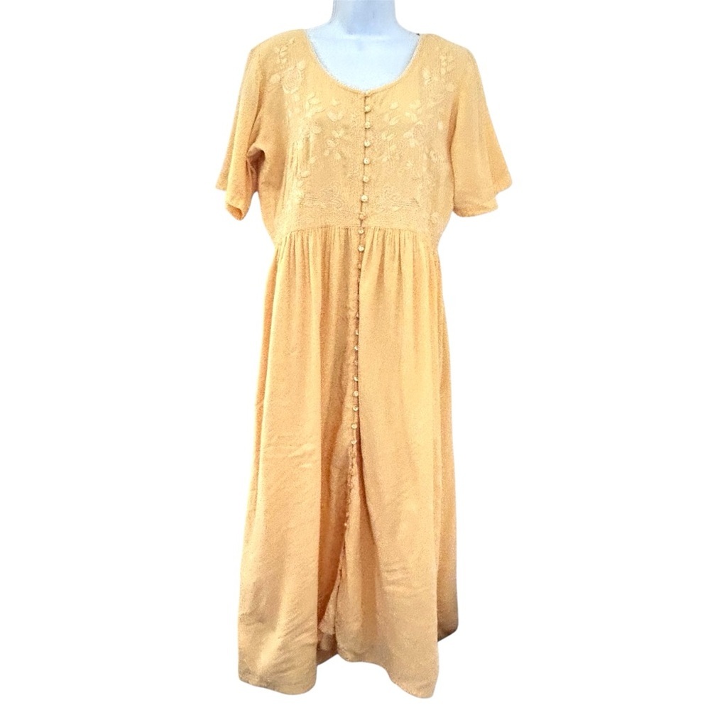 Together Vtg 90s Button Front Embroidered Maxi Dress L Butter Yellow Cottagecore